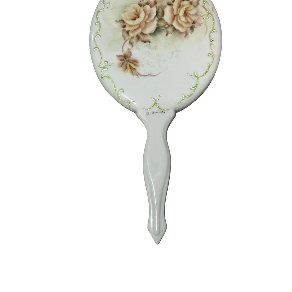 Vintage D. Smith Signed Hand Painted‎ Ceramic Rose Floral Vanity Mirror White